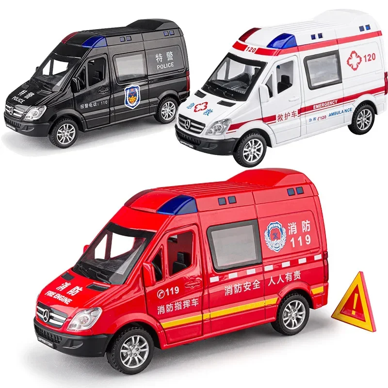 

1:32 Mercedes-Benz ambulance fire engine Diecast Metal Alloy Model car Pull Back Sound Light Car Children Gift Collection