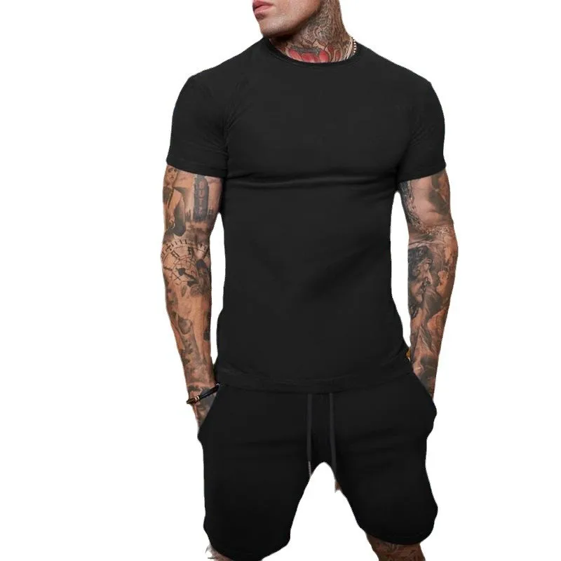 New Summer men\'s sportswear short sleeved T-shirt+sports shorts quick drying dry breathable cool gym suit handsome two-piece set