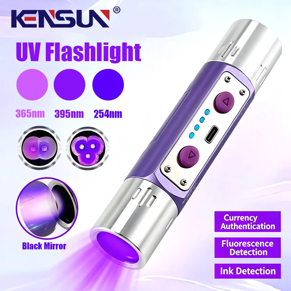 Rechargea Longwave Shortwave UV Flashlight Lamps 254nm 365nm 395nm Minerals Phosphor Detector UVA UVC Blacklight LED Flashlight