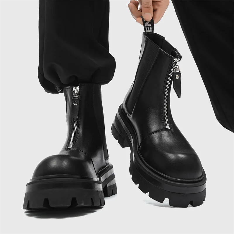 

Black Thick Soled Motorcycle Boots Men's High Top Platform Knight Boots Front Zip Heightening Leather Ankle Boots Men Shoes