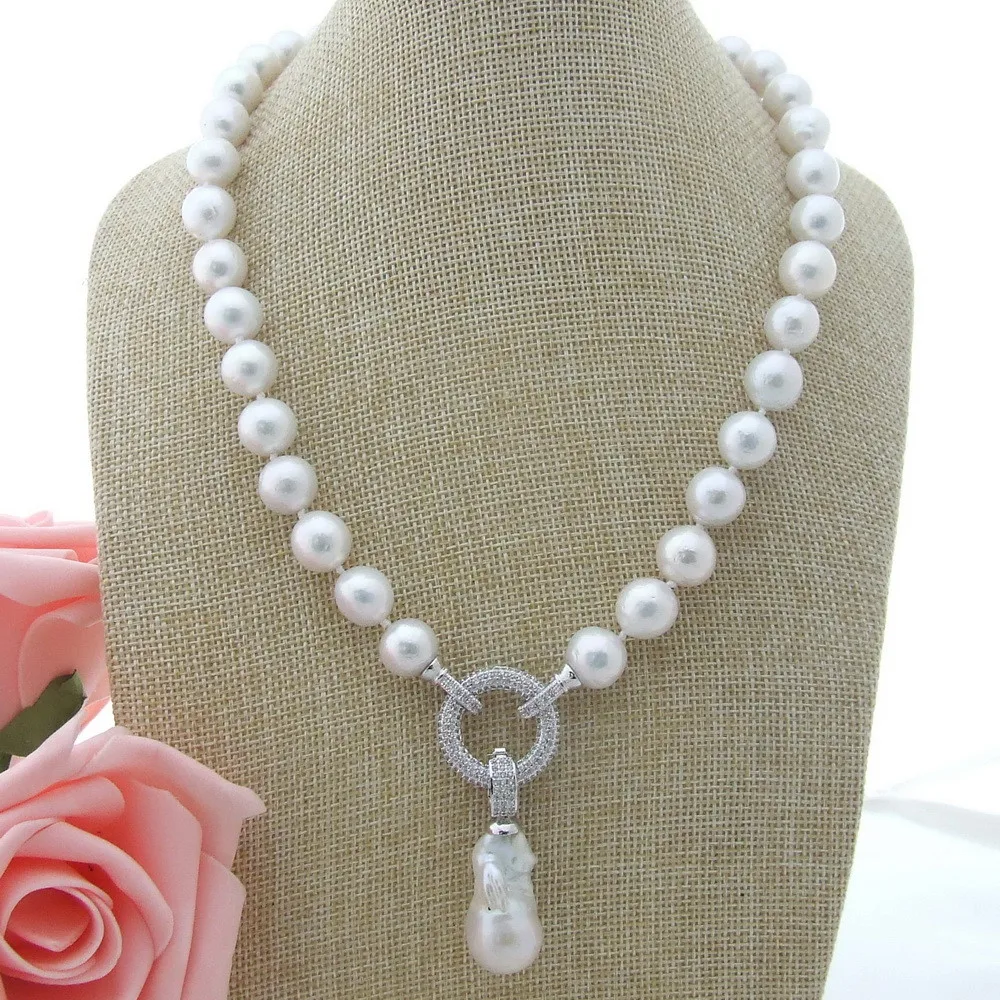 

H111302 Ожерелье из белого жемчуга 19 дюймов, 10 мм, кулон с фианитом