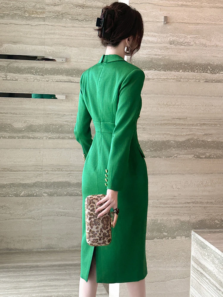 Elegant Fashion Midi Dress Women Clothing Professional Business Style Long Sleeve Double Breasted Robe Office Lady Work Vestidos