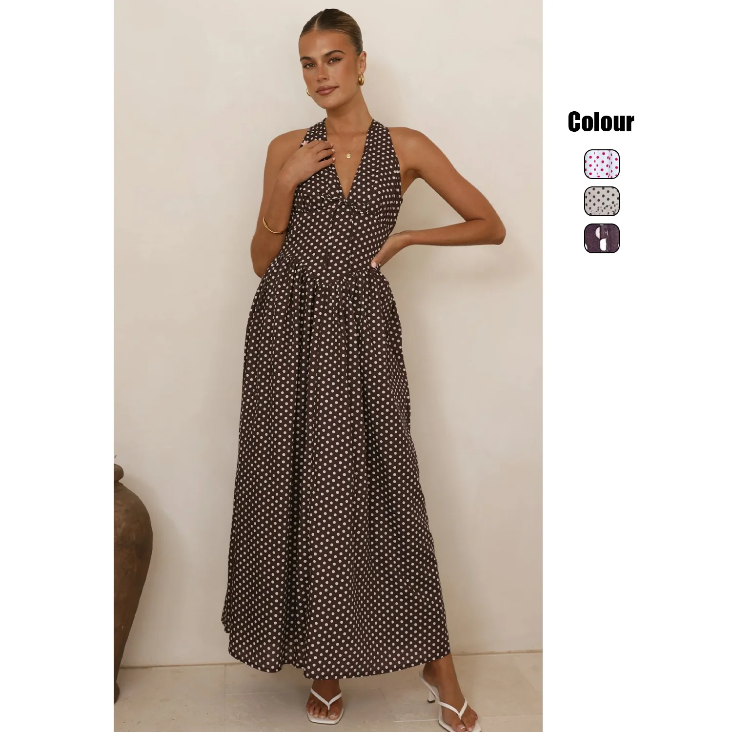 

2026 Polka Dot Halterneck Deep V Resort Dress