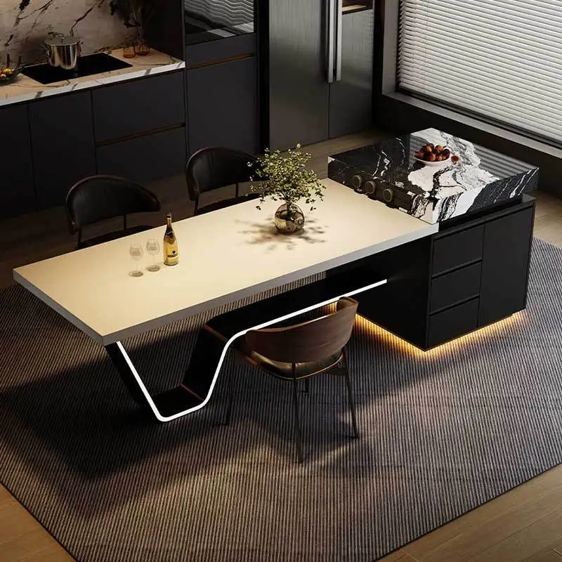 Wood grain slate mid-island dining table integrated retractable household kitchen