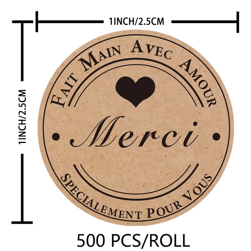 500pcs Roll Kraft Paper Thank You Heart Self Adhesive Stickers, Baking Decor Sealing Labels for Gift Packaging