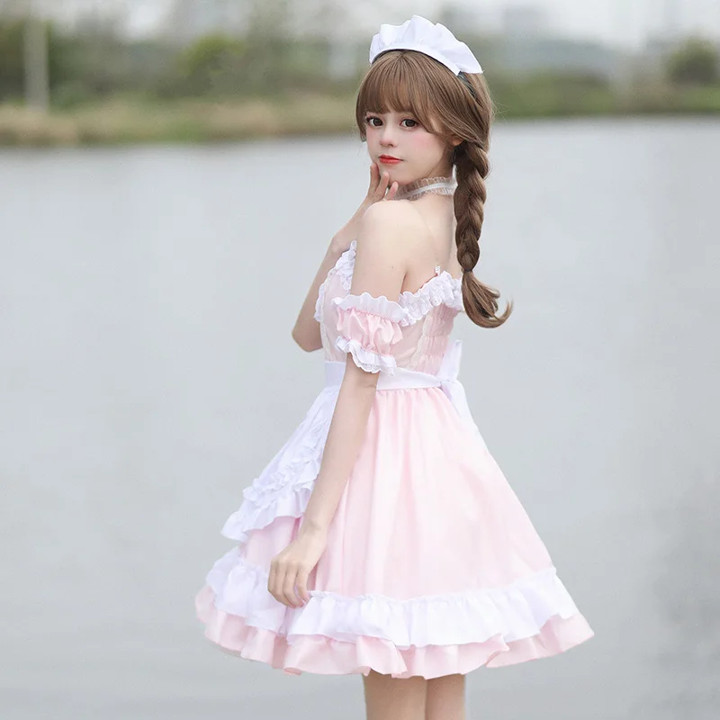 White Pink Lolita Dress Anime Cosplay Classical Sweet Style Kawaii Role Play Costumes Restaurant Waitress Uniform Slash Neck