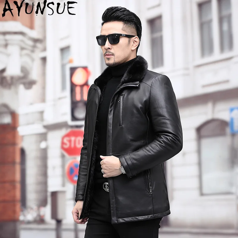 AYUNSUE Winter Natural Mink Fur Coat Real Sheepskin Mens Genuine Leather Jacket High Quality Men Clothing Chamarras Para Hombre