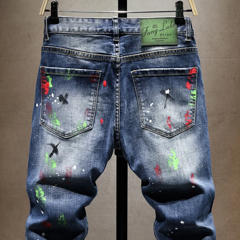 Street Designer Fashion Men Jeans Retro Blue Stretch Slim Fit Painted Ripped Jeans Men Hip Hop Vintage Y2K Denim Pants Hombre
