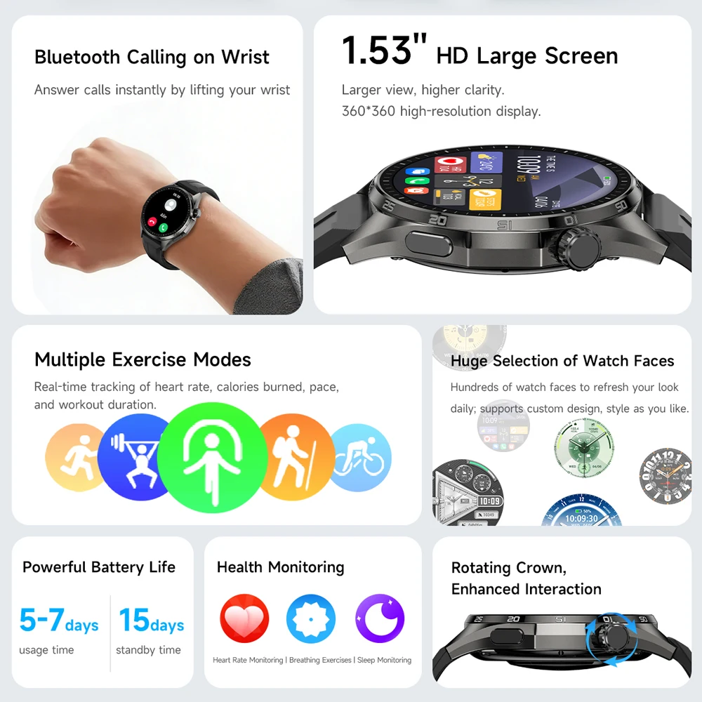 Outdoor GPS Sports Smart Watch GT6 Bluetooth Call Watch AMOLED HD Screen NFC Health Monitoring Heart Rate Smartwatch Android ios