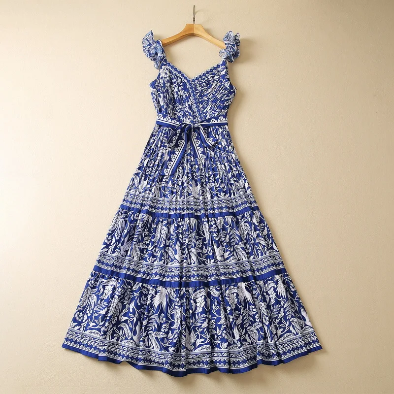 

European and American women's dress 2023 summer new style Sleeveless blue printed V-neck Fashion cotton pleated dress