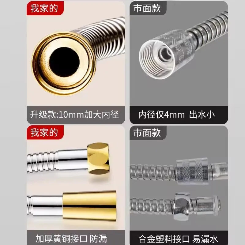 1.5/2/3M Silver Large Flow Stainless Steel Flexible Shower Hose Long Bathroom Shower Pipe Enlarged Inner Tube Bathroom Accessory