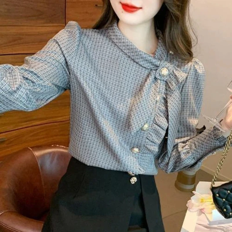 

Office Lady Plaid Ruffles All-match Blouse Women Clothing New Long Sleeve Print Vintage Shirt Tops Fashion Trend Spring Autumn