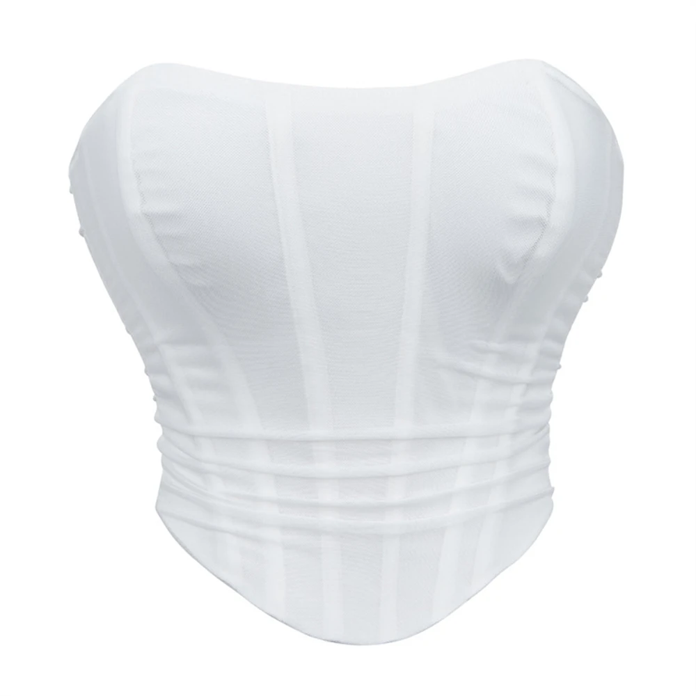 Sexy Women Corset Crop Tops gothic Mesh Breathable Elastic Strapless Vest Female Underwear Backless Bustier Top WHITE Pink