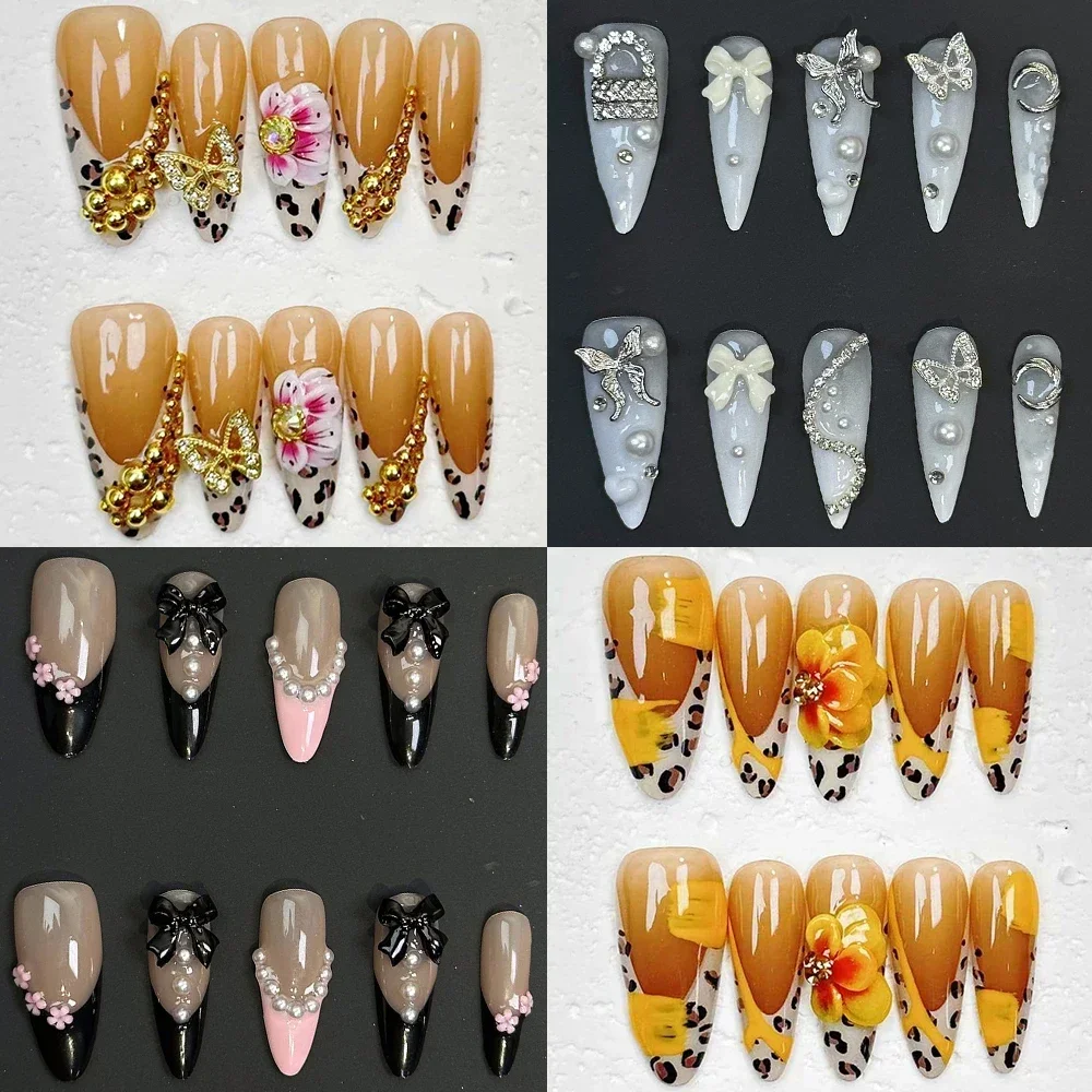

10Pcs Handmade French Almond Fake Nail European American Long Pointed Shape Magic Mirror Powder Bow Leopard Print Nail Sticker