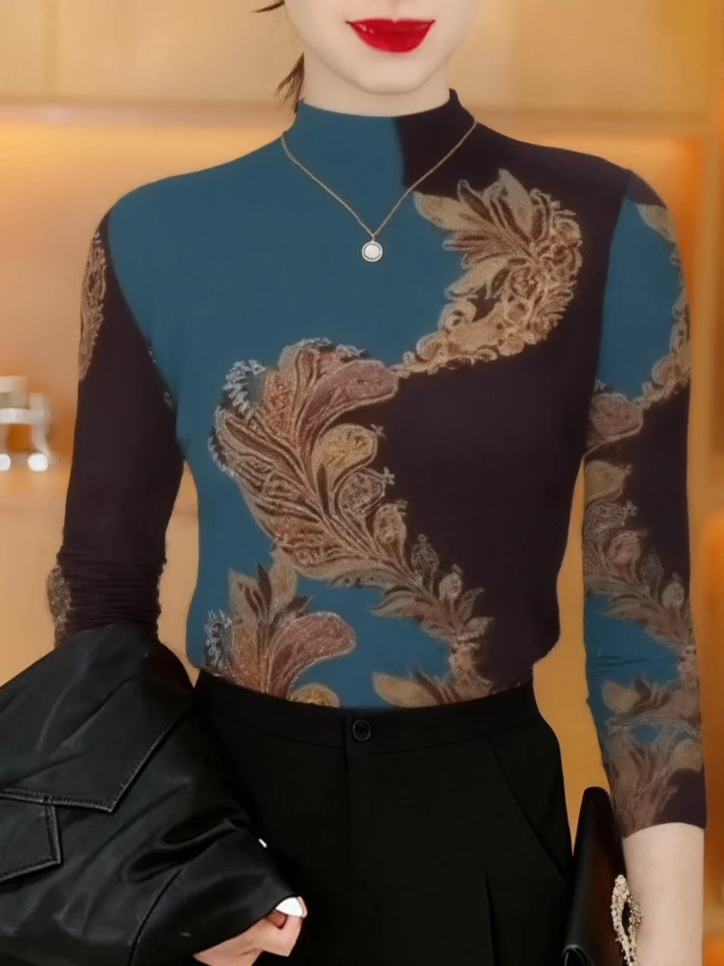 

Утепленная флисовая терморубашка с длинным рукавом и принтом, с высоким воротником, в стиле Mommy, из смеси полиэстера и спандекса, стандартный крой, базовый слой