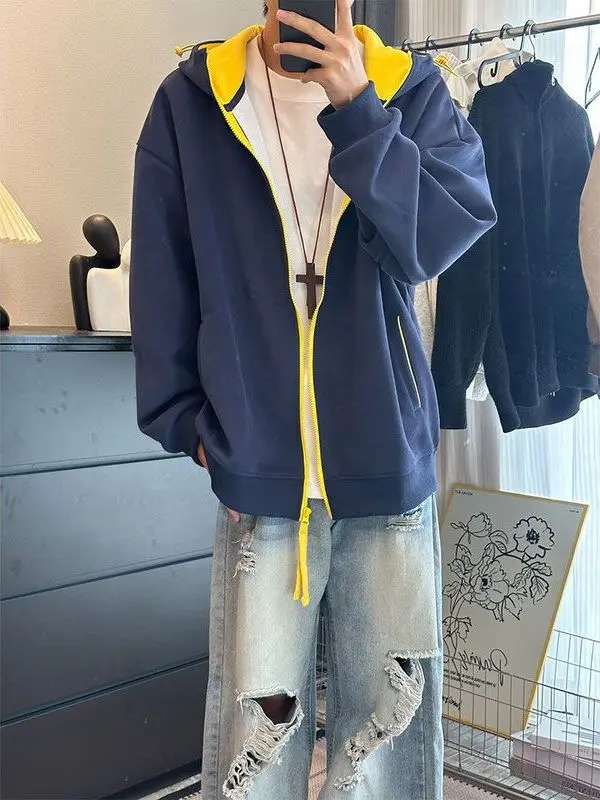 

American Sle Hoodie Sweatirt Men's Autumn Design Splicing Jaet Couple's Loose Fit Long Sve Polyester Cotton Blend