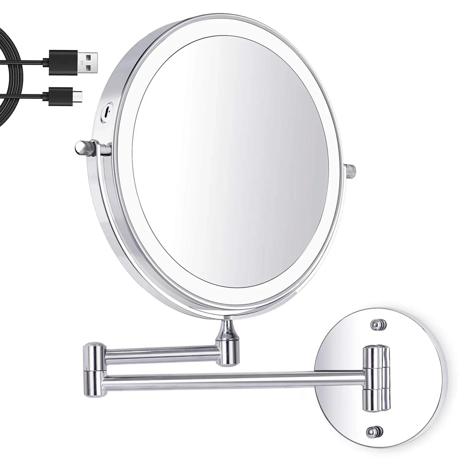 8 Inch Wall Mounted Bathroom Makeup Mirror, USB Rechargeable LED 3 Color Lights Two Sided 1X/10X Magnifying Mirror Touch Switch