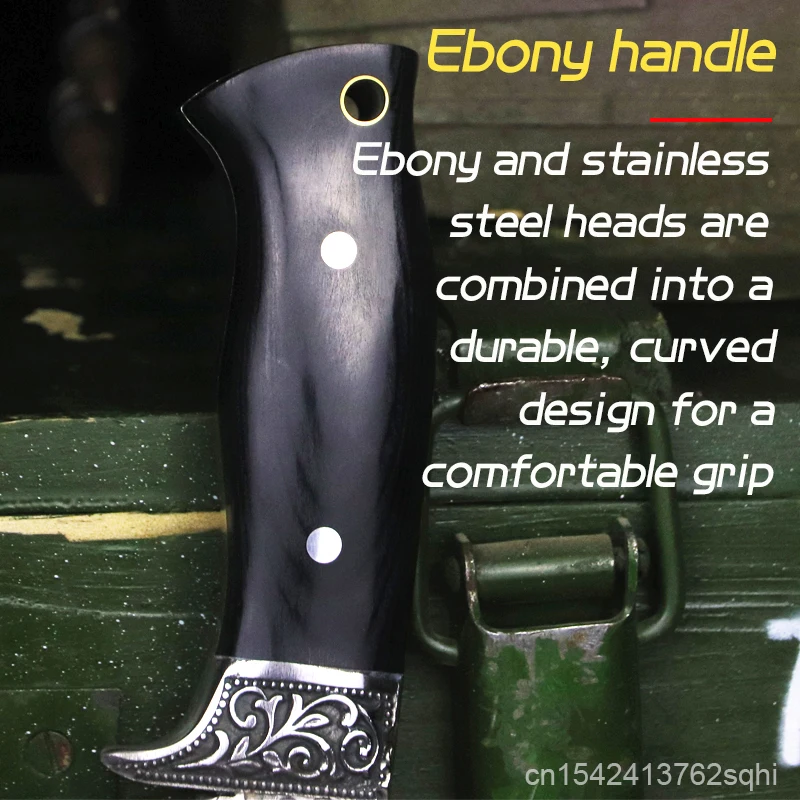 Outdoor Camping การล่าสัตว์ป่ามีดความแข็งสูงเหล็กตรงมีด Ebony ป่า Self-Defense มีด