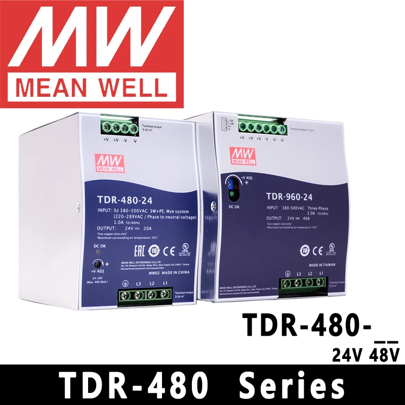 Original Mean Well TDR-480-24/48 meanwell AC/DC 24V/48V 480W Three Phase Industrial DIN RAIL with PFC Function Power Supply