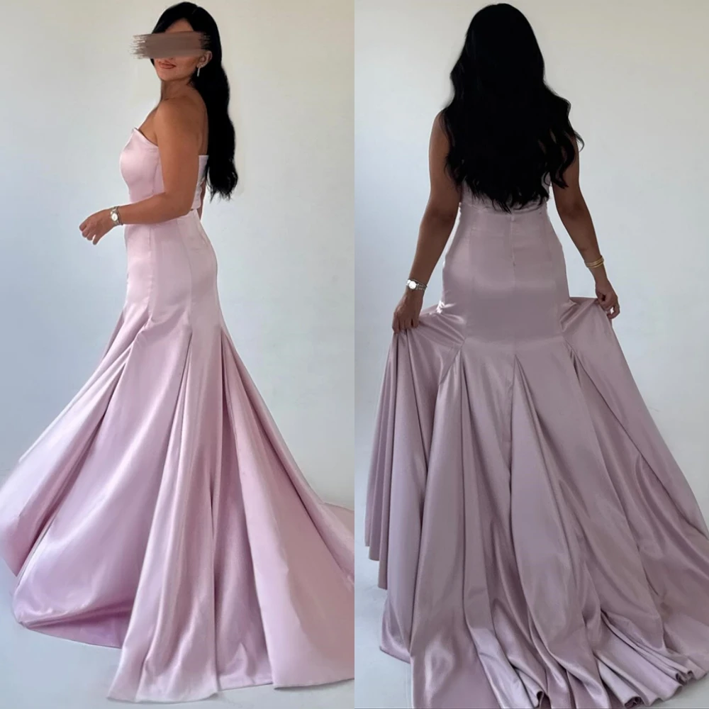 

Customized Exquisite Satin Strapless Evening Dress Delicate Court Train Prom Dresses Formal Sleeveless Special Occasion Gowns