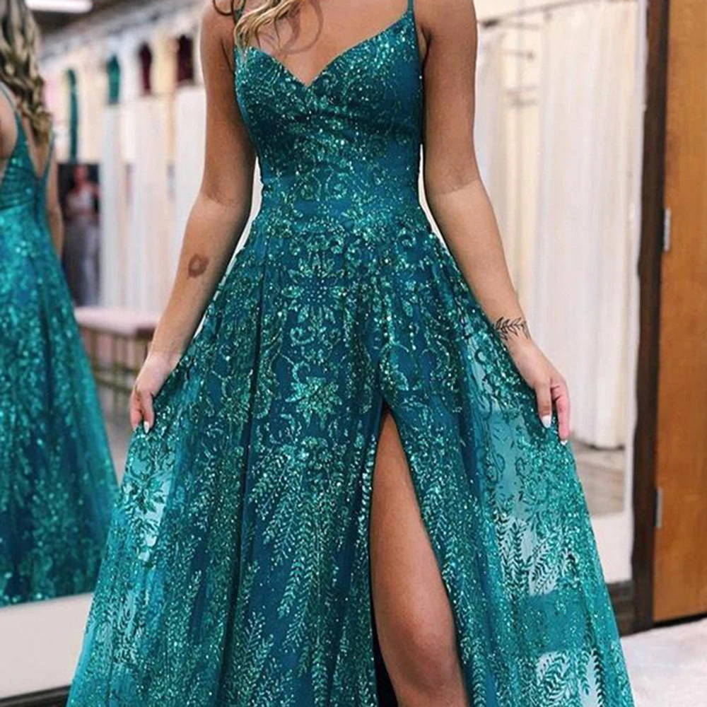 Green Sequined Spaghetti Straps Evening Dresses V Neck High Slit A Line Lilac Sky Blue Formal Party Prom Gowns Vestido De Fiesta