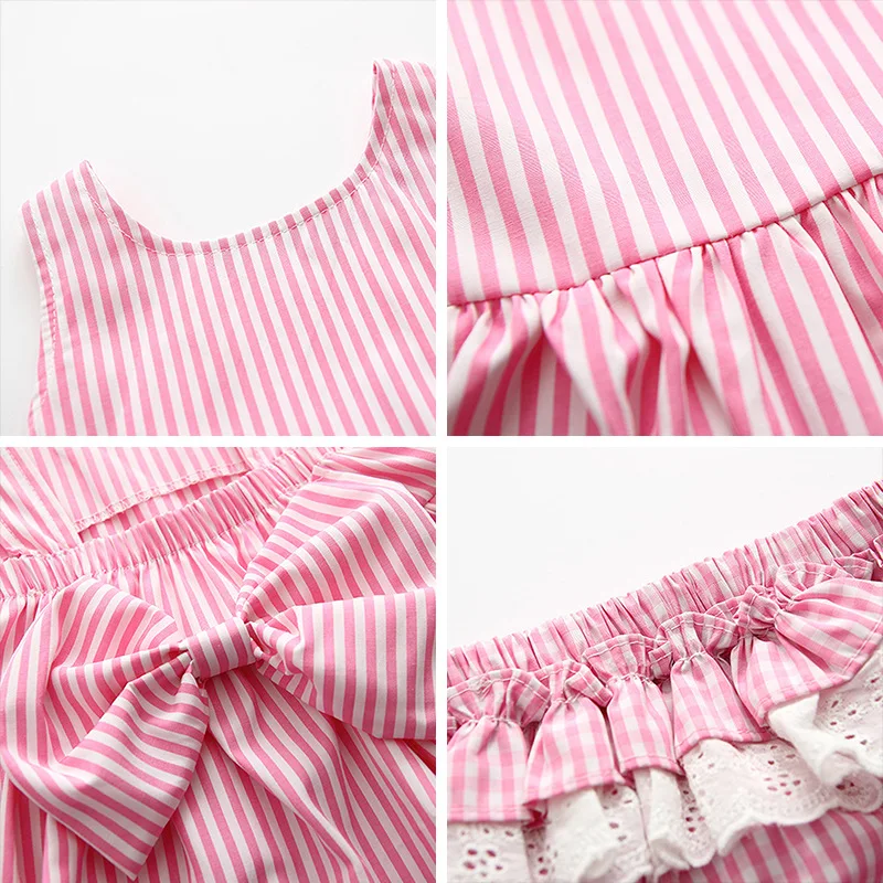 Summer Baby Girl Dress With Bowknot Striped Jumpsuit Cotton Dress For Newborn Sleeveless vest+shorts 2PCS Baby Crawling Clothes