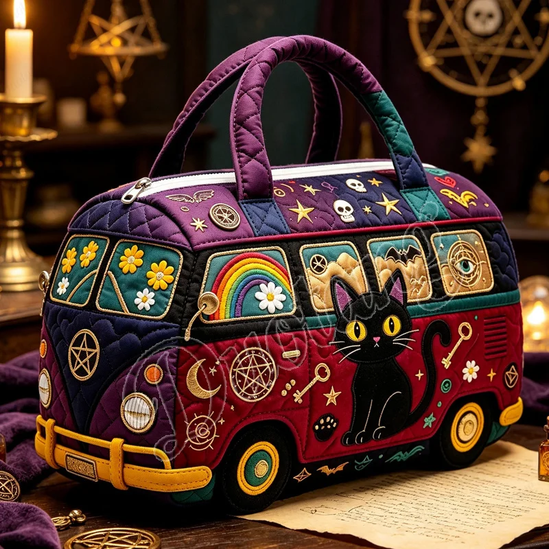 Vintage Bus-Shaped Handbag for Travel 2D Flat Quilted Witch Black Cat Pattern Women Shoes Holder Fitness Bag Large Duffle Totes