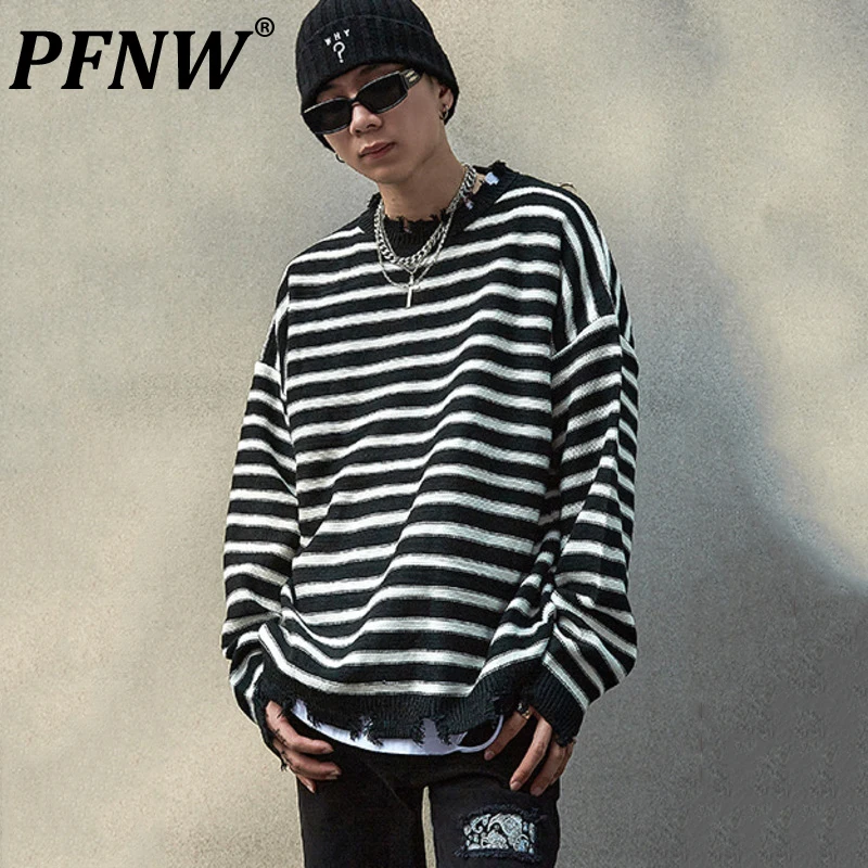 

PFNW Korean Style Men's Sweater Stripe Worn-out Raw Edge Knitted Contrast Color Round Collar Pullover Male Clothing New 12C488