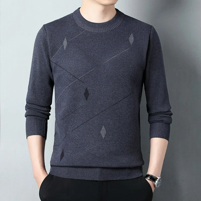 Autumn Winter New Middle Aged Men\'s Warm Sweater Han Simple Temperament Solid Jacquard Screw Thread Round Neck Pullover Knit Top