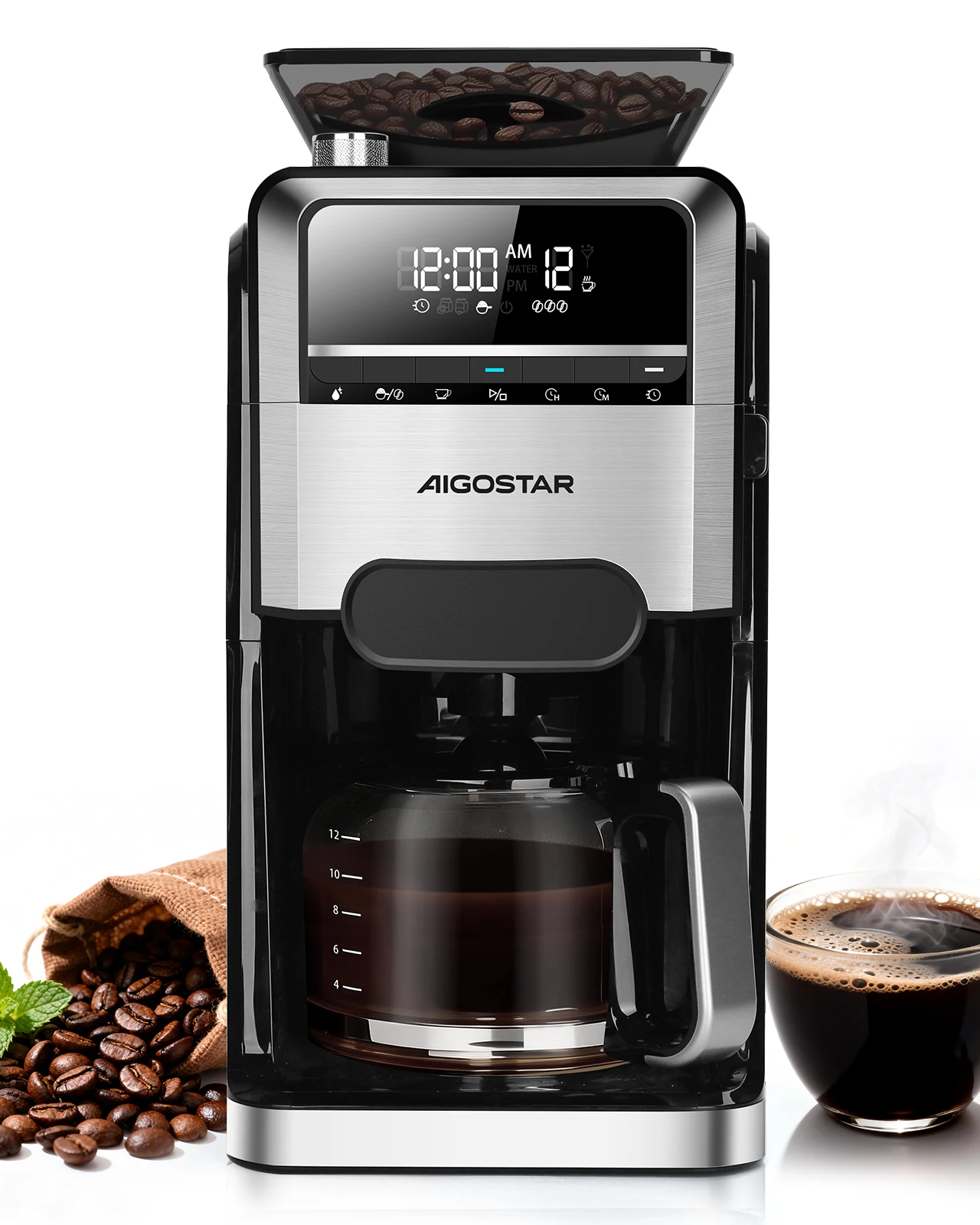 Aigostar Kaffeemaschine mit Mahlwerk 1400W filterkaffeemaschine 7 Mahlgrade 3 Brühstärken 1,5 Liter Coffee Machine 2-12 Tassen 24H Timer Warmhaltefunktion Schwarz für frischen Kaffeegenuss