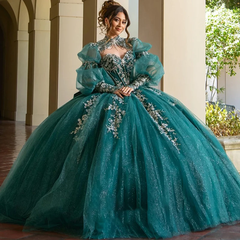 

Luxurious Quinceneara Dress Embroidered Lace On Net With Princess Ball Gown Puff Sleeves Strapless Customized Prom Party Gowns