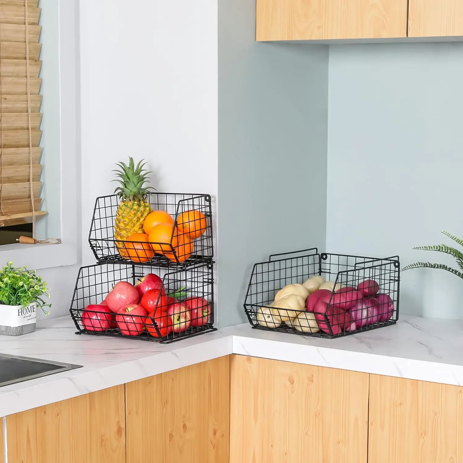 3-Tier Stackable Wire Baskets for Pantry Organization and Storage, Kitchen Counter Basket for Potato Onion Storage