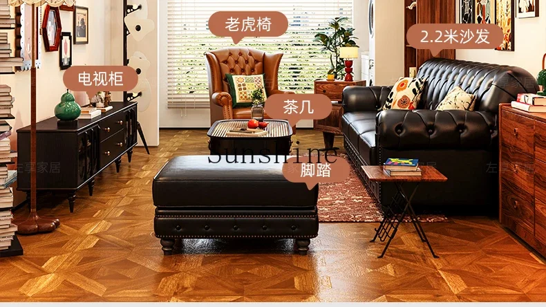 American oil wax first layer cowhide black retro knight straight row combination sofa living room furniture  FT