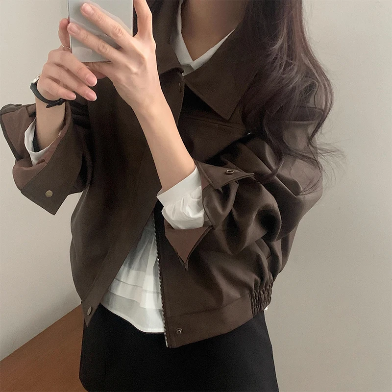 Chic Autunno Nuovo Vintage Allentato Casual Lungo Sve Pelle Scamosciata PU Jaet Cappotto da Donna Pendolarismo Sle Chiusura con Cerniera Tuta Sportiva