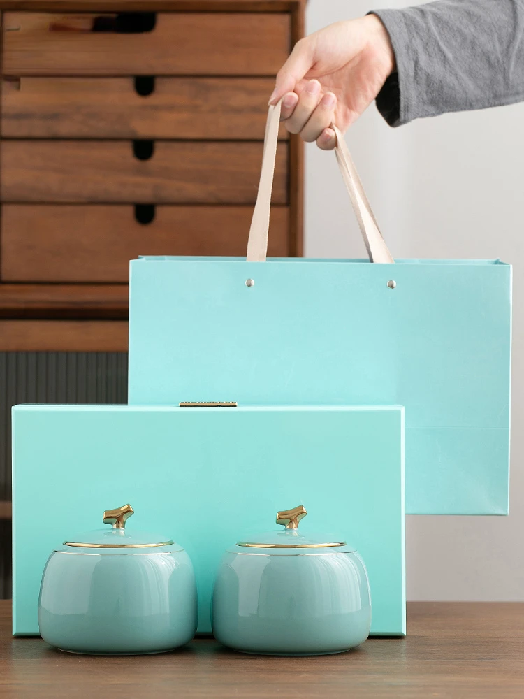 

High-End Tea Pot Paint Ceramic Packaging Gift Box Storage Pu'er Green Red Rock WhiteNew Chinese Home Decoration Double Cans 2Pcs