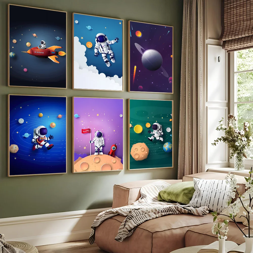 Space Planet Rocket Astronaut Star Kids Decor Poster Paper Print Home Bedroom Entrance Bar Cafe Art Painting Decoration