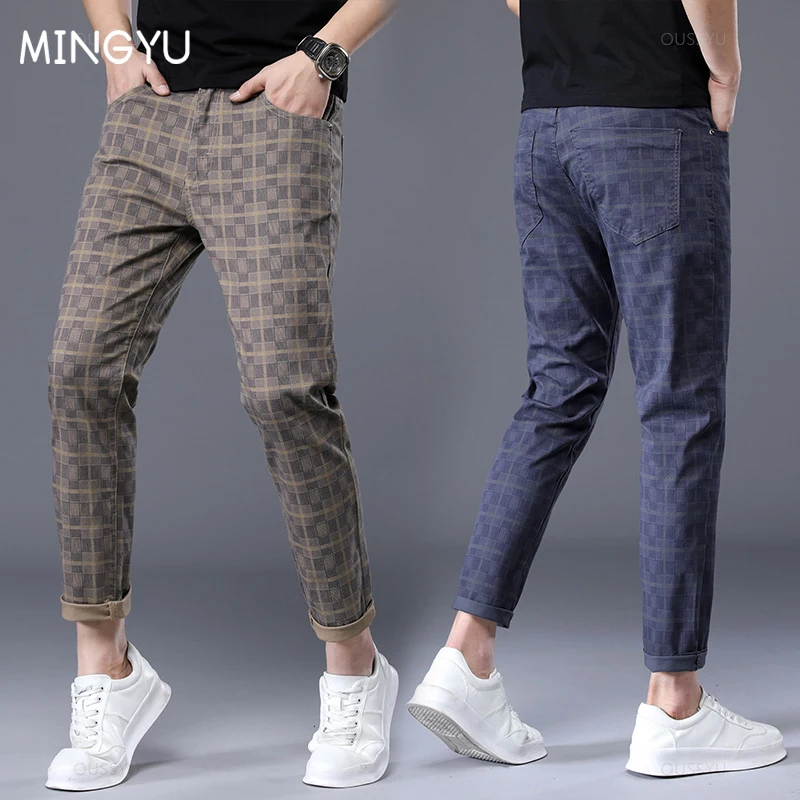 Lente Zomer Merk Kleding Geruit Enkel Lengte Broek Mannen 98% Katoen Klassiekers Retro Business Banket Party Casual Broek Man