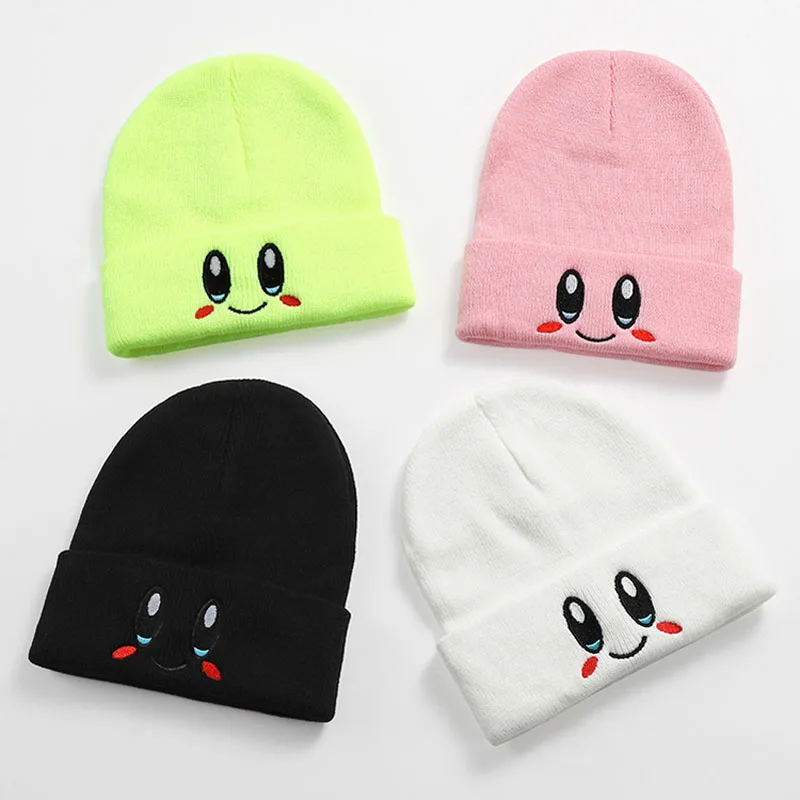 Kirby Hat Kawaii Smiley Eye Embroidered Knit Cap Stretch Cartoon Elasticity Beanie Women Student Autumn Crimping Warm Hat Gift