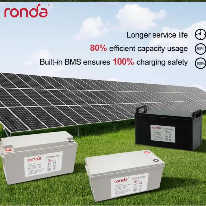 CE 24V 25.6V Ronda Large Capacity 100AH 200AH 300AH Lithium Battery Pack BMS LiFePO4 Prismatic Box