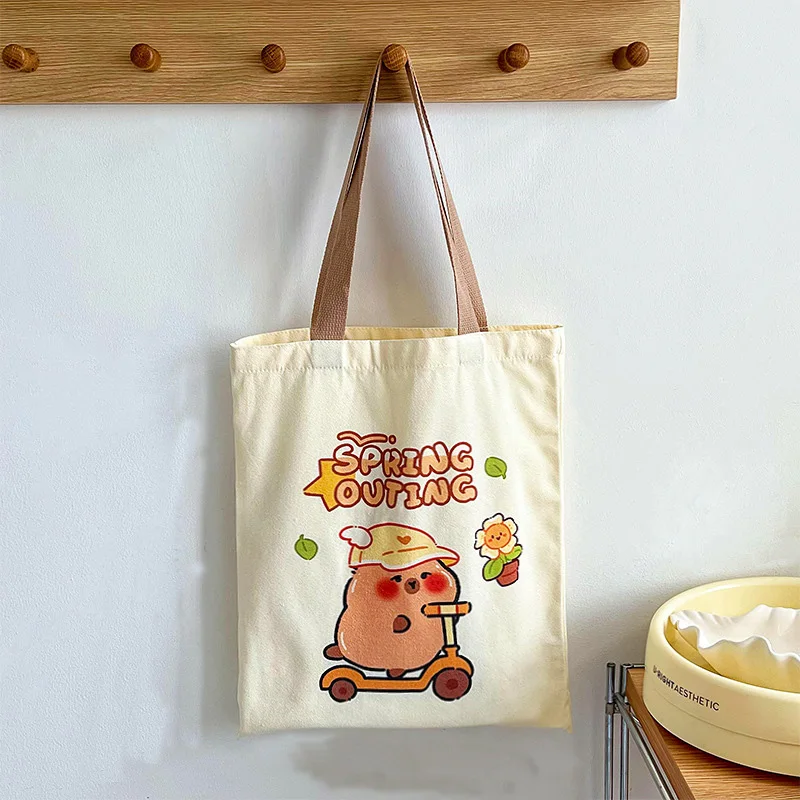 Cartoon Kawaii Capybara Canvas Bag Women's Novelty Creative Tote Bag Casual Light And Large Capacity Shopping Bag Gifts