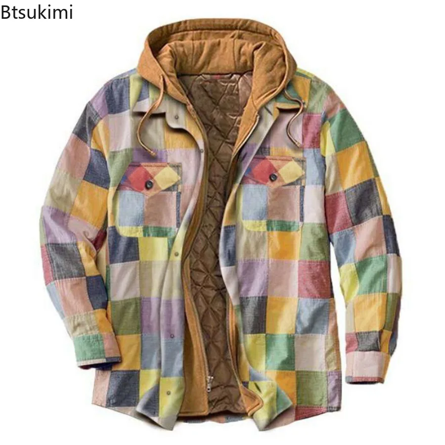 New 2025 Men's Thick Warm Jacket Parkas  Winter Harajuku Plaid Hooded Zipper Long Sleeve Basic Casual Jackets Coat  Male Jackets