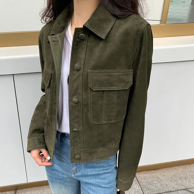 Chaqueta clásica de ante para mujer, Parka de manga larga con botonadura única de piel de oveja auténtica marrón, prendas de vestir elegantes, Tops TF5844