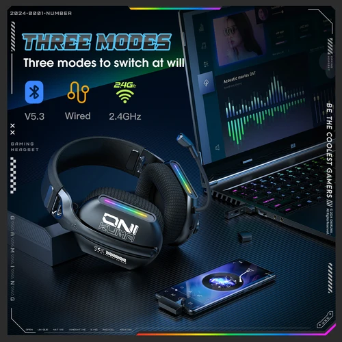 Imagen 2 del producto Onikuma Gt808 Tres modos con micrófono E-Sports Auriculares inalámbricos para juegos Iluminación Rgb Compatible con Bluetooth 5.3 / 2.4g / Aux 3,5 mm