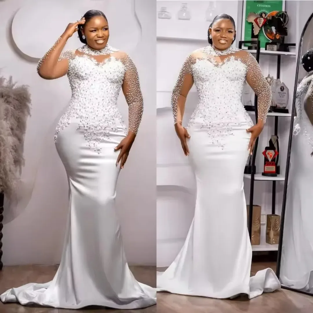 Aso Ebi Bridal Mermaid Satin Wedding Dress High Neck Sheer Sleeve Rhinestone Beaded Fitted African  Wedding Gown Customized