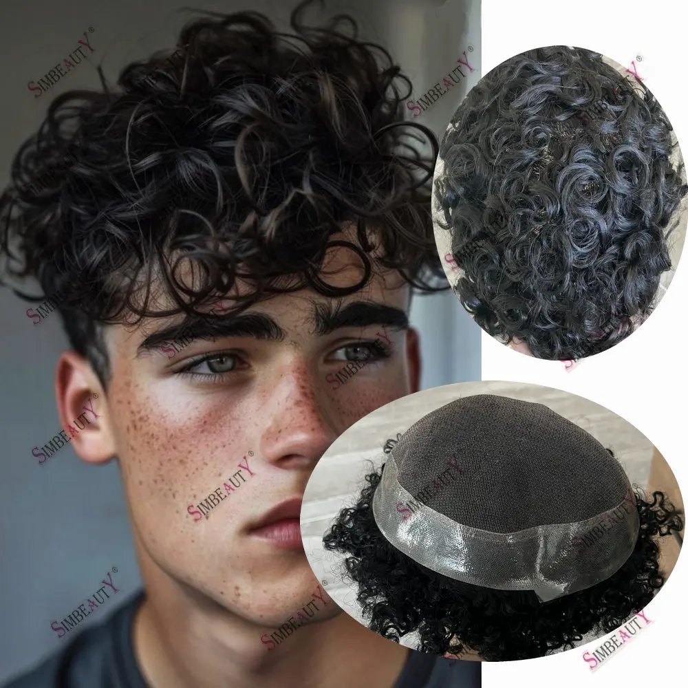 

20mm Curly Men Wig Human Hair Toupee for Men Australia Breathable Lace&Skin PU Base Brown Toupet Men Capillary Prosthesis System