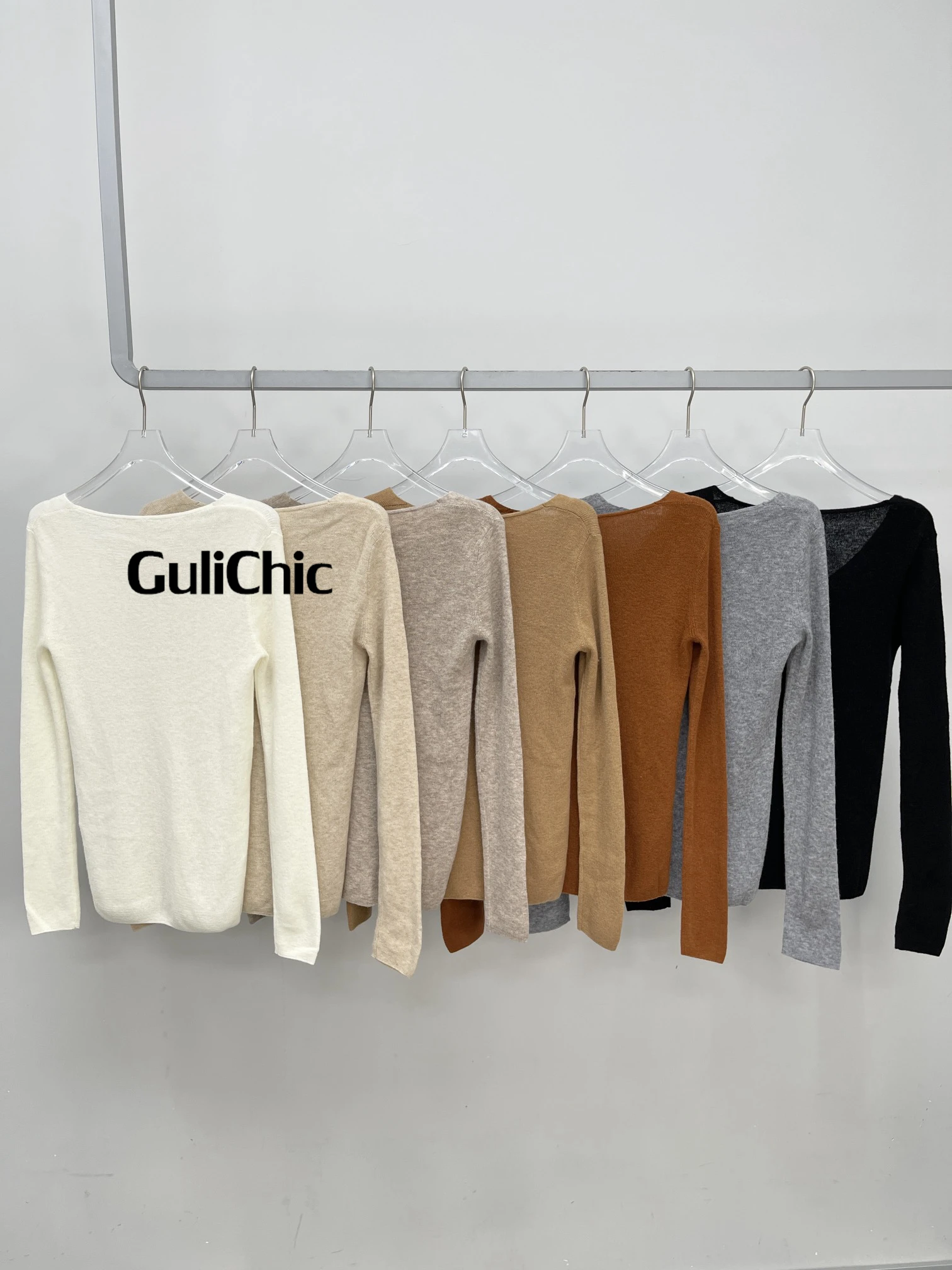 GuliChic-V-Neck Long Sleeve Thin Knitted Sweater, Cashmere Wool, Stretch Slim Pullover, Top Knitwear