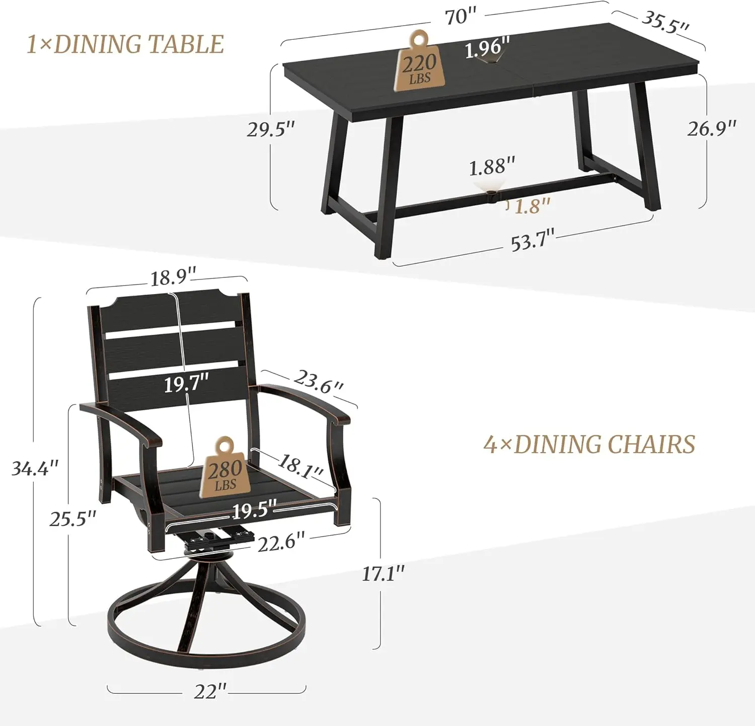 Chaise de salle à manger de patio noir, 5 pièces