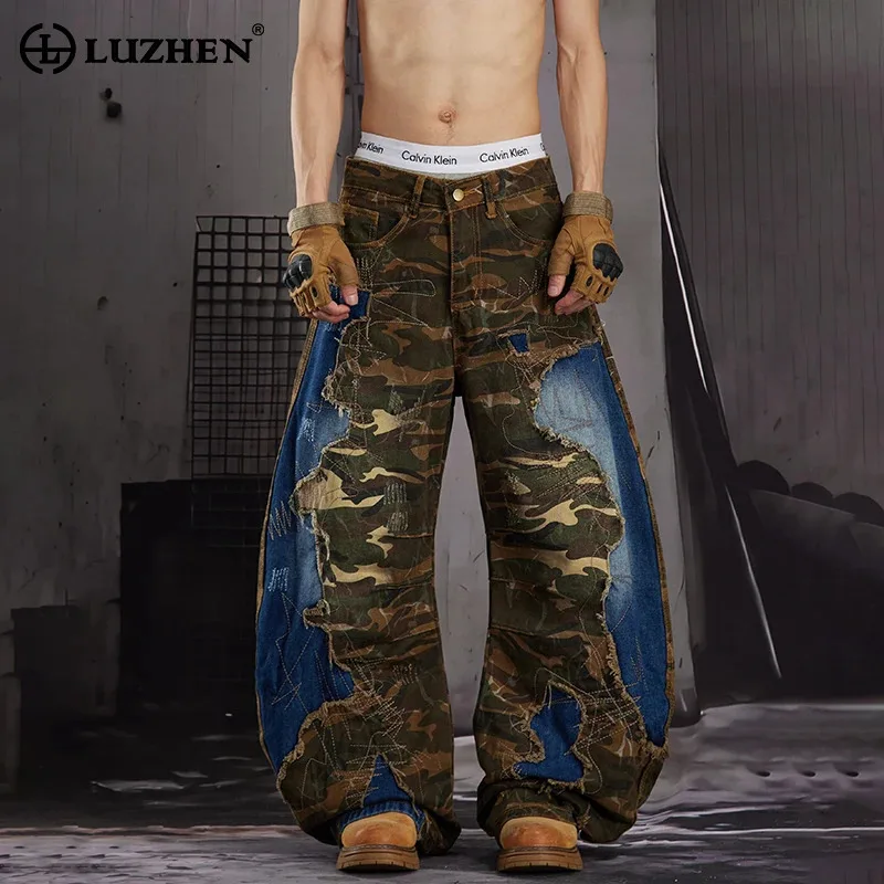 LUZHEN 2026 New Trendy Original Personalized Camouflage Printed Patchwork Design Denim Pants Men's Fashion Street Jeans JY8783
