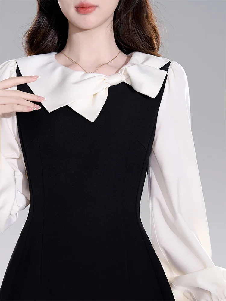 French French Hepburn Style Fake Two-piece Black Dress Round Neck Bow Long Sleeve High Waist Slim A-line Long Dress Women Autumn