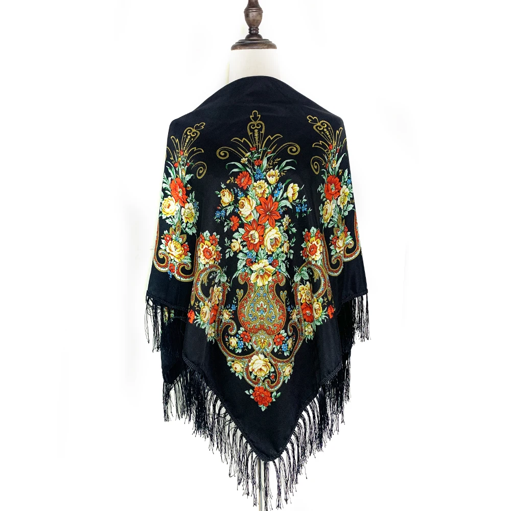 

130*130cm Luxury Floral Print Russian Square Scarf Women Fringed Bandana Scarves Pareo Lady Headband Scarves Babushka Head Wraps